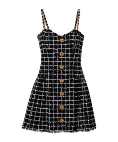 Balmain Buttoned Check Tweed Chain-strap Mini Dress In Black