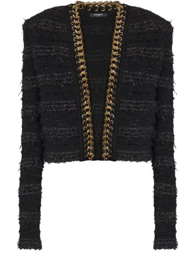 Balmain Chains Details Side To Side Tweed Jacket Clothing In Black