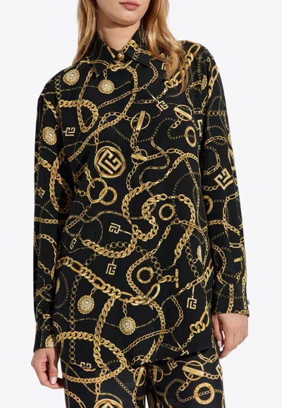 Balmain Chains Print Long-sleeved Silk Shirt In Black