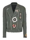 Balmain Denim Biker Jacket With Embroidered Patches In Green
