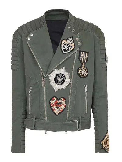 Balmain Denim Biker Jacket With Embroidered Patches In Brown