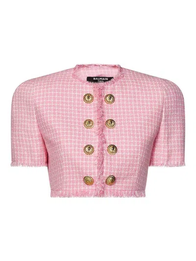 Balmain Vichy Tweed Cropped Jacket In Pink & Purple