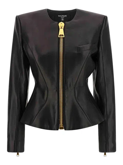 Balmain Leather Jacket Tailored Peplum Silhouette Round Neck In Black