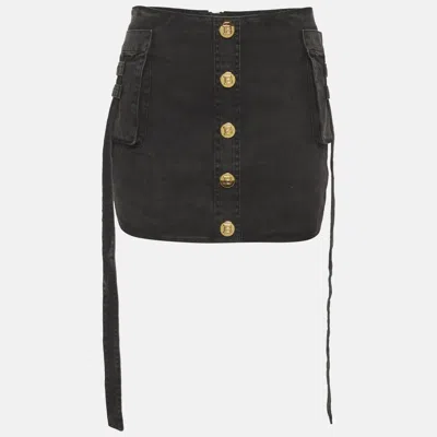 Pre-owned Balmain Charcoal Denim Cargo Mini Skirt S In Black