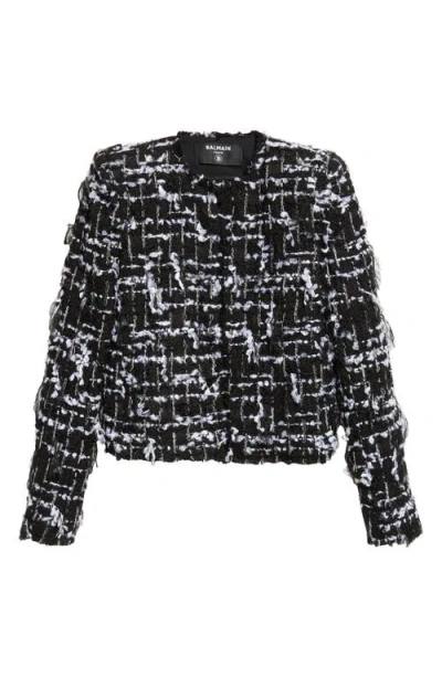 Balmain Check Fringe Tweed Crop Jacket In Black