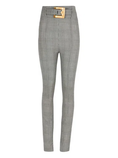 Balmain Check-pattern Belted Trousers In Gray