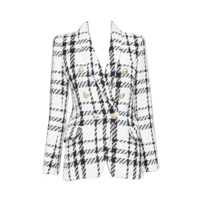 Pre-owned Balmain Checked Black White Cotton Tweed Double Breasted Blazer Jacket Fr36 S