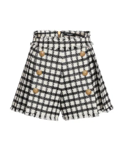 Balmain Checked Button-embellished Tweed Shorts In Black