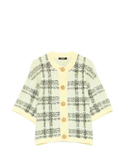 Balmain Checked Cardigan In Yellow