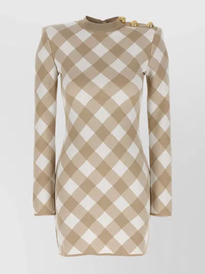 Balmain Checked Pattern Dress Gold-tone Buttons In Beige