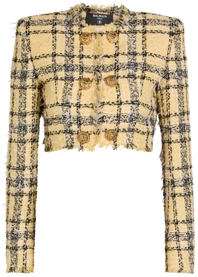 Balmain Paillette Check Eyelash Tweed Crop Jacket In Yellow