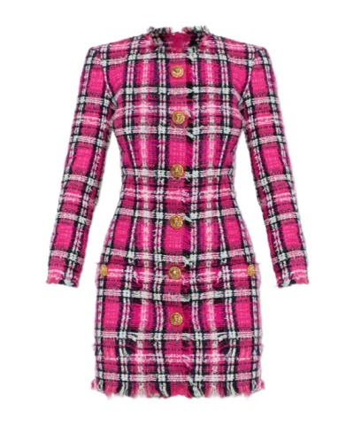Balmain Frayed Button Plaid Dress In Pink