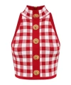 Balmain Cropped Button-embellished Gingham Knitted Top