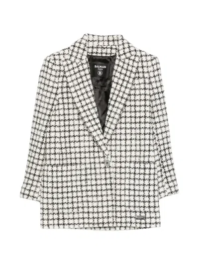 Balmain Check-pattern Single-breasted Tweed Blazer In White