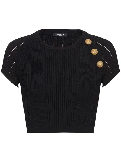 Balmain Chic Black Knit Crop Top With Gold Buttons & Sustainable Materials
