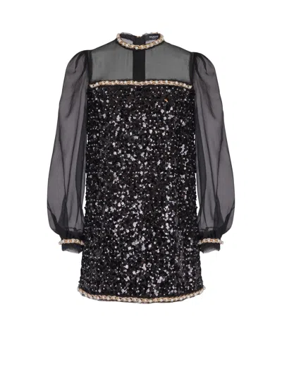Balmain Chiffon And Beaded Sequin Dress In Black