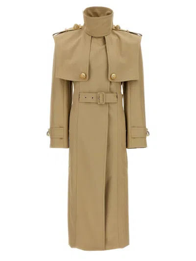 Balmain Embellished Belted Cotton-gabardine Trench Coat In Beige