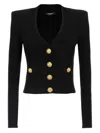 Balmain Black Ribbed Cardigan With Shoulder Pads And Logoed Metal Buttons