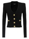 Balmain Black Ribbed Cardigan With Shoulder Pads And Logoed Metal Buttons