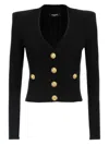 Balmain Black Ribbed Cardigan With Shoulder Pads And Logoed Metal Buttons In Black