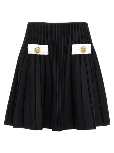 Balmain 2-button Velvet Knit Flared Mini Skirt In Blkwhite