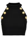 Balmain Cropped Knit Top With Gold Buttons In Black