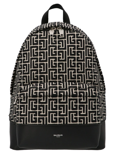 Balmain City Monogram Jacquard Backpack In Ivory/black