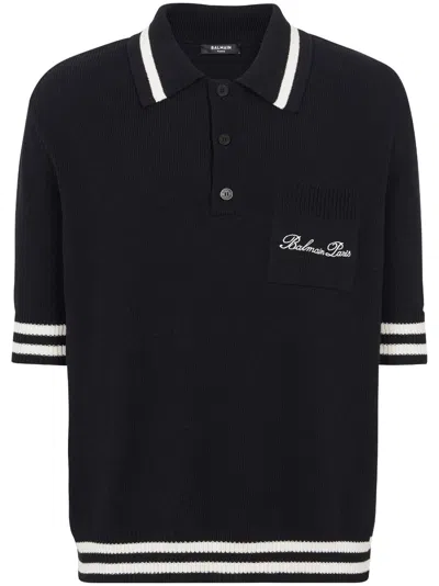 Balmain Classic Black Cotton-lyocell Knit Polo Shirt For Men In White