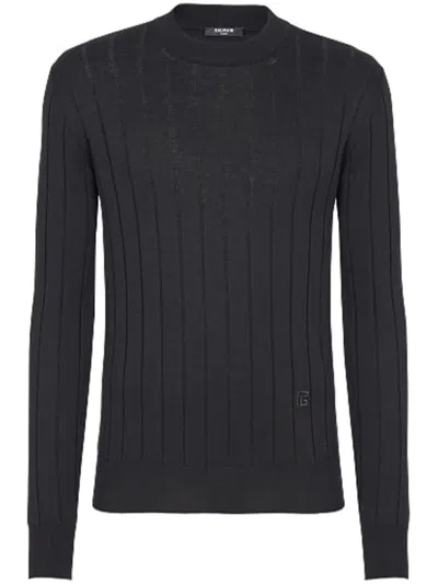 Balmain Silk-cotton Pb Sweater In Blue