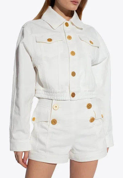 Balmain Cropped Denim Jacket With Decorative-buttons In White