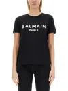 Balmain Black Crewneck T-shirt With Logo Print And Golden Buttons In Jersey Woman