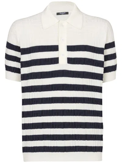 Balmain Striped Knit Polo Shirt With Monogram In Multi