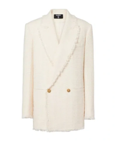 Balmain Classic Tweed Double-breasted Blazer In White
