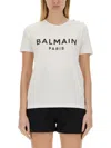 Balmain White Crewneck T-shirt With Logo Print And Golden Buttons In Jersey Woman