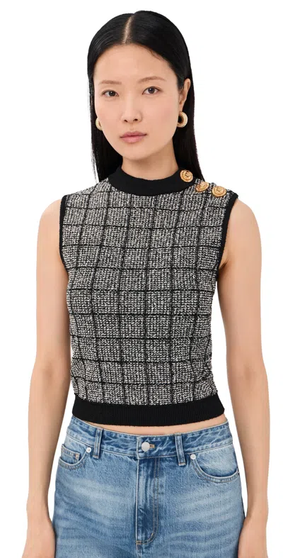 Balmain Checked Tweed Tank Top Crew Neck Buttons In Gray