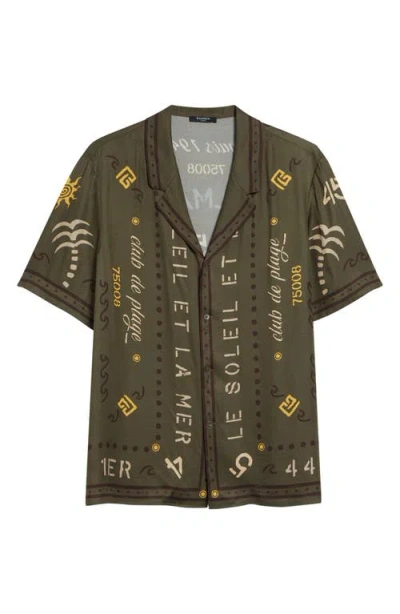 Balmain Club 45 Print Short Sleeve Button-up Pajama Shirt In Brown