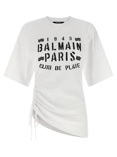 Balmain Club Graphic T Shirt Asymmetric Hem Drawstring In Multi