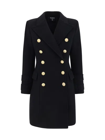 Balmain Double Breasted Logo Button Coat In Noir