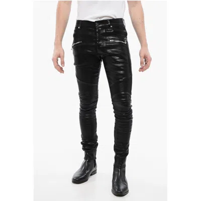Balmain Coated Cotton Slim Fit Biker Denims 14cm In Black