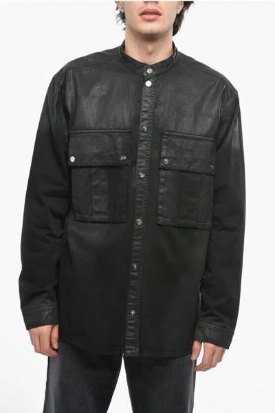 Balmain Coated Denim Overshirt With Maxi Pockets In Black