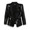 Balmain Sequined Double-breasted Satin Tailored Jacket In Black