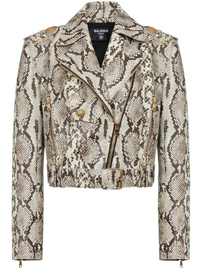 BALMAIN BALMAIN CROPPED PYTHON BELTED LEATHER BIKER JACKET