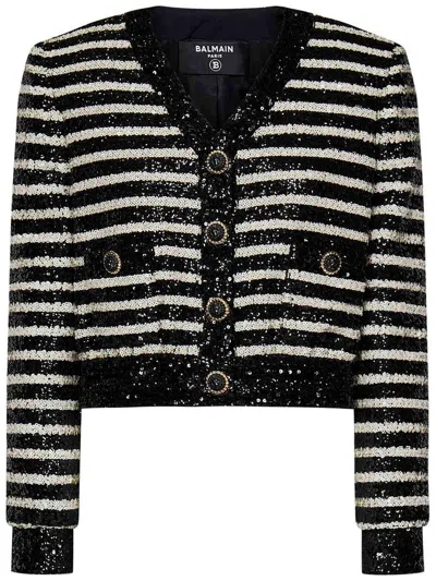 BALMAIN BLACK AND WHITE CROPPED STRIPED JACKET