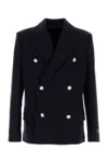 Balmain Blue Double-breasted Coat With Logo Buttons In Blue