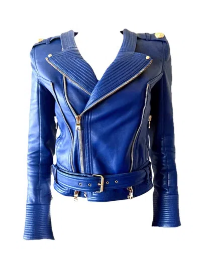 Pre-owned Balmain Cobalt Blue Lambskin Quilted Biker Moto Jacket W/gold Hardware Fr 34