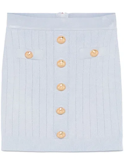 Balmain Button-embellished Ribbed-knit Mini Skirt In White
