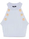 Balmain Halterneck Knit Cropped Top With Gold Buttons In Blue