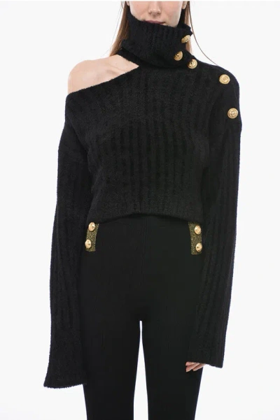 Balmain Cold Shoulder Jumper With Jewel Buttons In Black