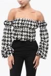 Balmain Cold Shoulder Top With Houndstooth Motif In Black