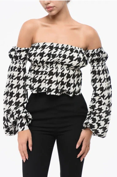 Balmain Cold Shoulder Top With Houndstooth Motif In Black